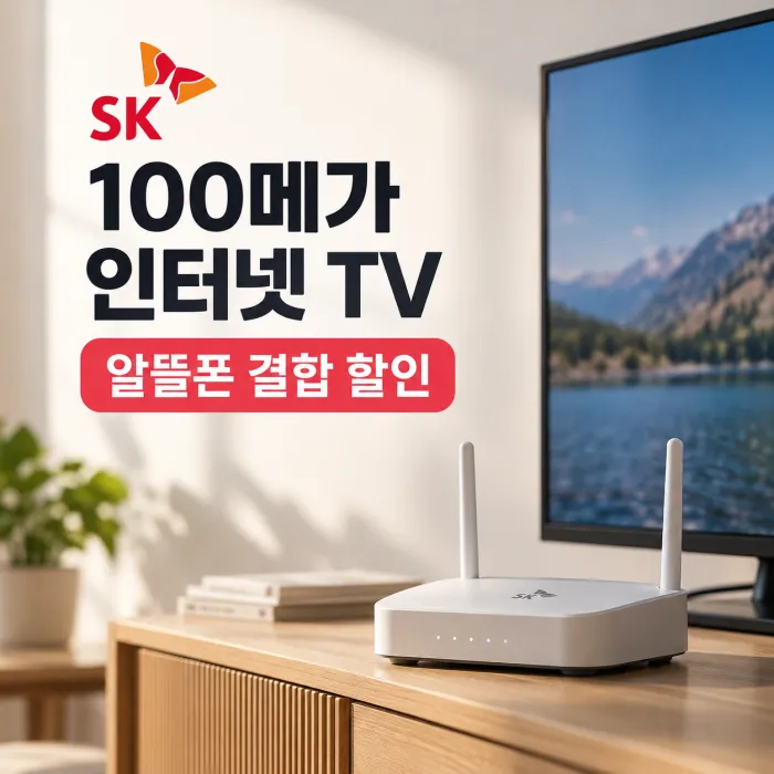 SK 100메가 인터넷 TV 알뜰폰 결합 할인과 와이파이 공유기를 표현한 가정 인터넷 이미지