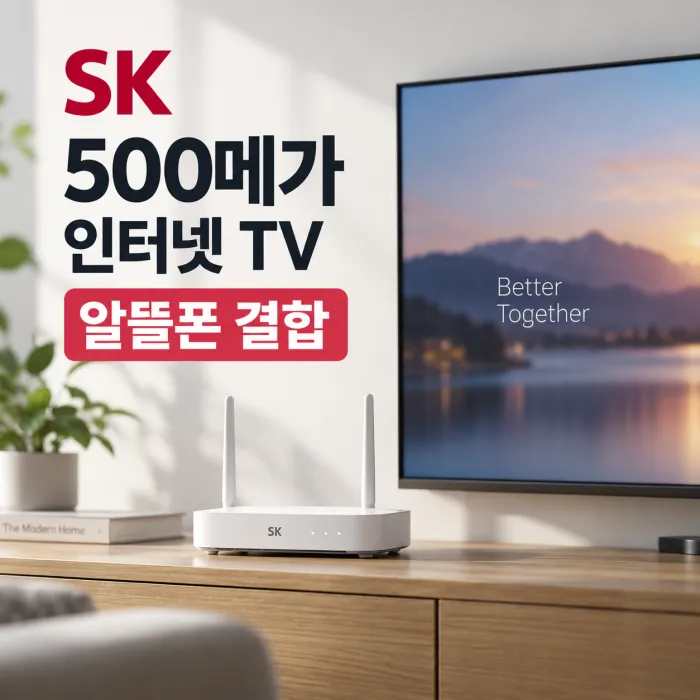 SK 500메가 인터넷 TV 알뜰폰 결합을 표현한 와이파이 공유기와 거실 TV 이미지
