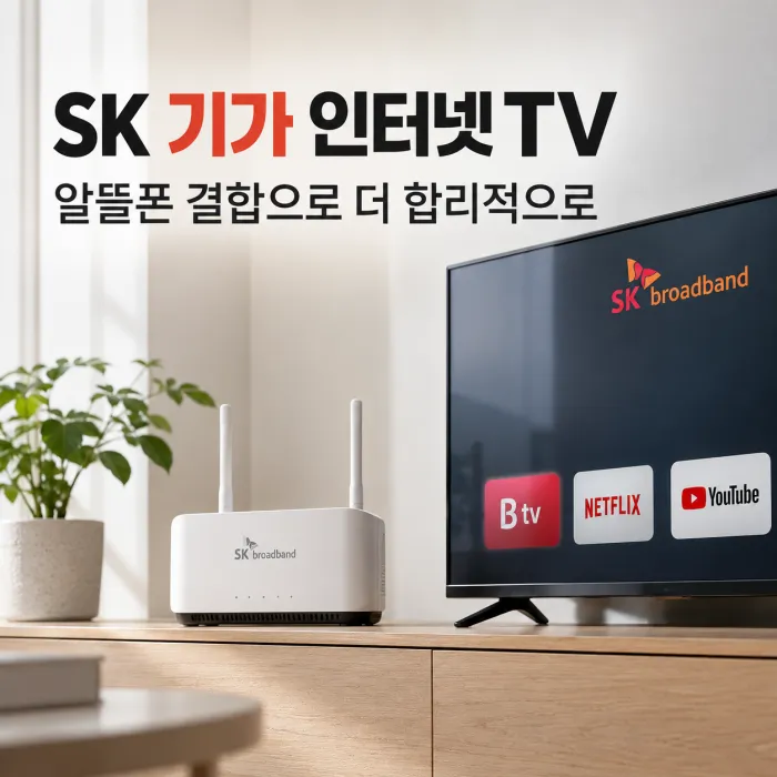 SK 기가 인터넷 TV 알뜰폰 결합을 표현한 와이파이 공유기와 IPTV 설치 이미지