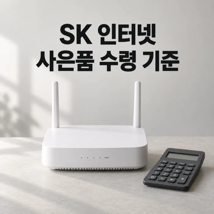 공유기와 계산기 옆에서 SK 인터넷 가입 사은품 비교표를 확인하는 모습