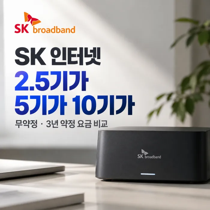 SK 인터넷 2.5기가 5기가 10기가 무약정과 3년 약정 요금 비교 이미지