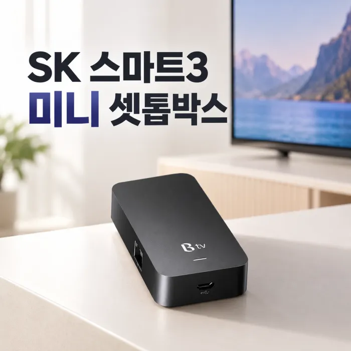 SK 스마트3 미니 셋톱박스와 TV가 설치된 거실 모습