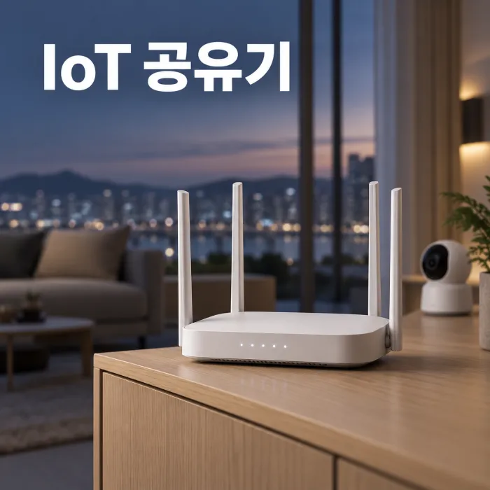 거실의 공유기와 홈캠, 스마트 조명, 로봇청소기가 연결된 스마트홈 IoT 기기 다중 연동 환경