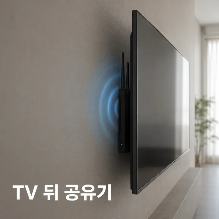 벽걸이 TV 뒤 와이파이 공유기로 인해 신호가 약해지는 거실 설치 환경