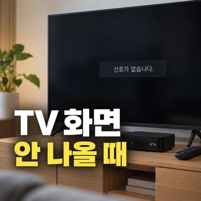 TV 화면 안 나올 때 신호 없음 화면과 IPTV 셋톱박스를 점검하는 모습