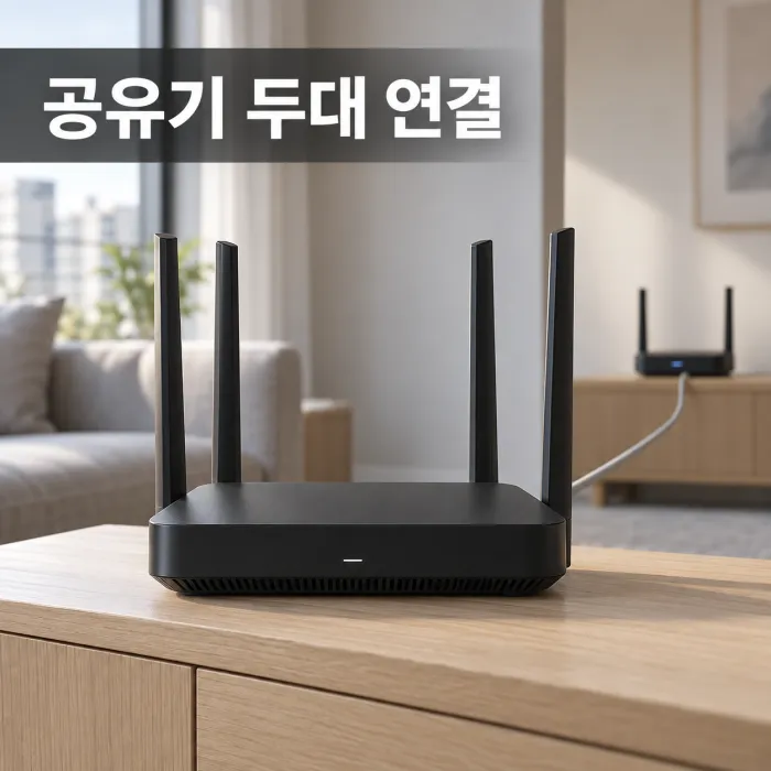 거실 공유기와 방의 AP 장비를 랜선으로 연결한 공유기 두대 연결 구성