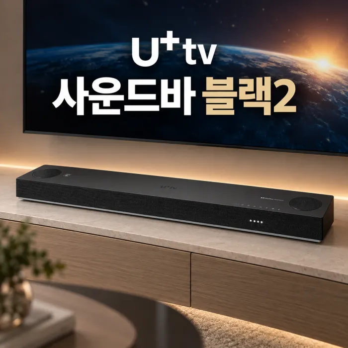U+tv 사운드바 블랙2 180W 5.0.2채널 돌비 애트모스 사운드바 일체형 셋톱박스와 TV 설치 모습