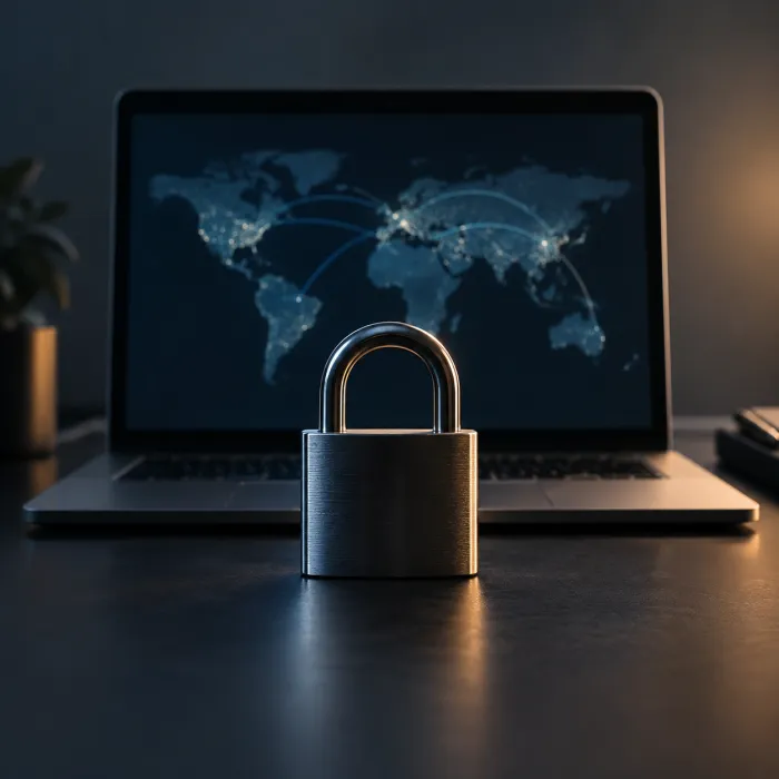 VPN 연결 보안을 상징하는 노트북과 자물쇠로 표현한 VPN 킬 스위치 기능
