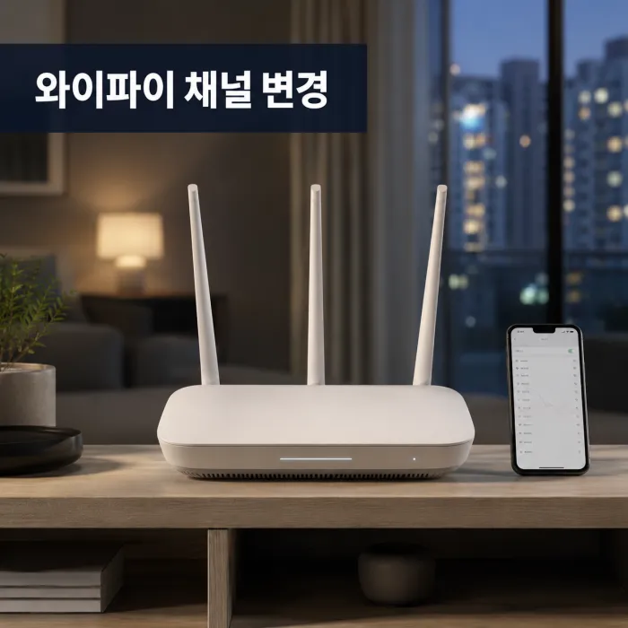 와이파이 채널 변경 설정 화면과 아파트 거실 공유기
