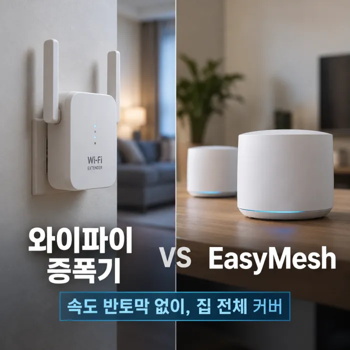 와이파이 증폭기와 Wi-Fi 6 이지메시 속도 및 집 전체 음영지역 개선 비교 이미지