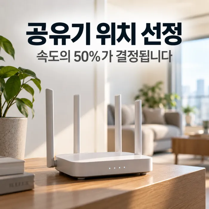 공유기 위치 선정에 따른 와이파이 속도와 신호 품질 차이를 보여주는 거실 Wi-Fi 공유기