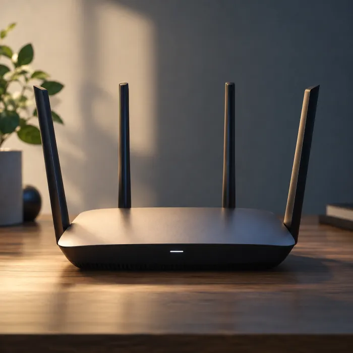 Wi-Fi 6 속도 느림 문제와 5GHz 채널 폭 설정을 상징하는 안테나형 와이파이 공유기