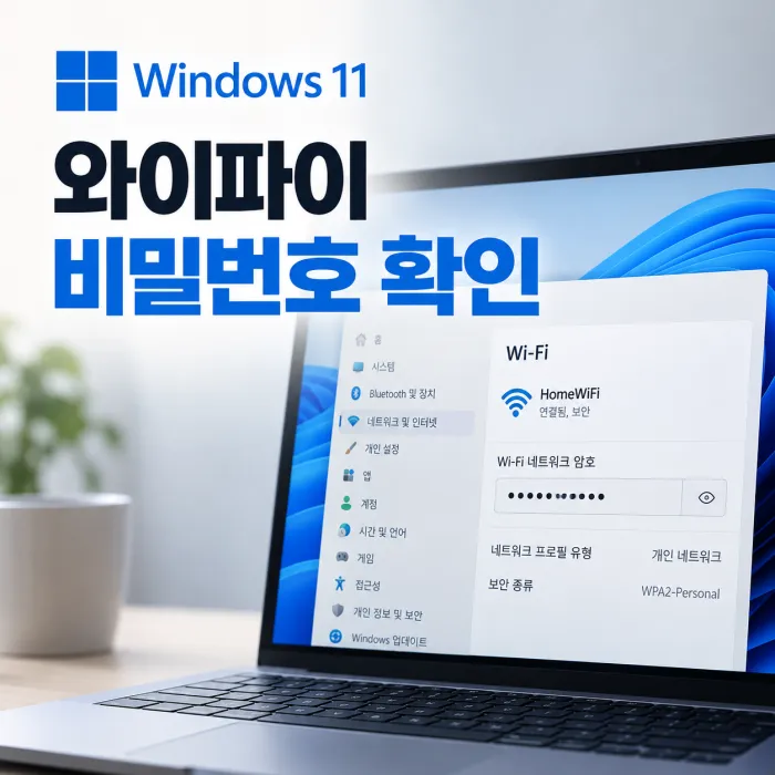 윈도우11 설정에서 저장된 와이파이 네트워크 비밀번호를 확인하는 방법 화면