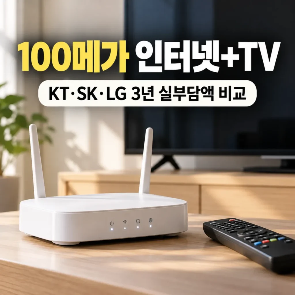 흰색 와이파이 공유기와 TV 리모컨이 놓인 거실 배경에 100메가 인터넷+TV, KT·SK·LG 3년 실부담액 비교 문구가 표시된 인터넷 신규가입 요금 비교 이미지