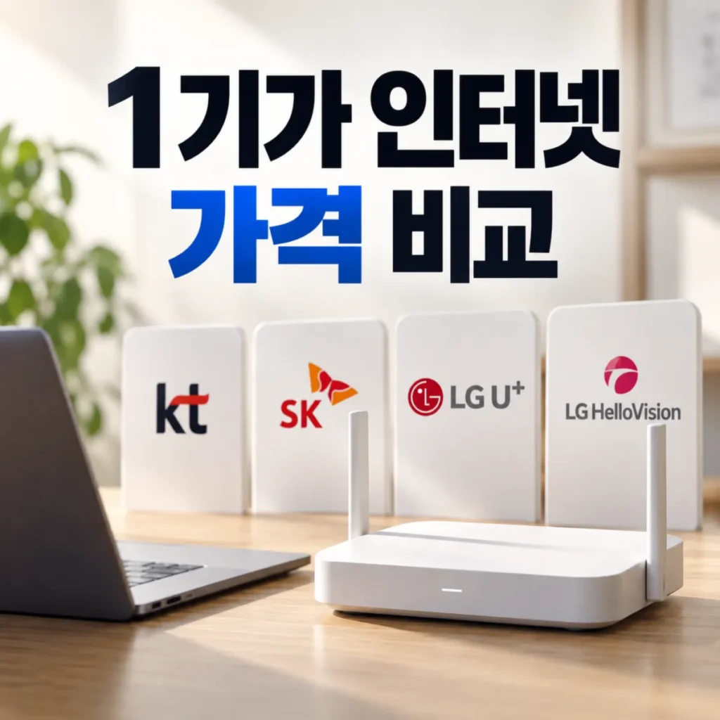 1기가 인터넷 가격 비교를 위해 KT SK LG유플러스 LG헬로비전과 와이파이 공유기를 함께 표현한 이미지