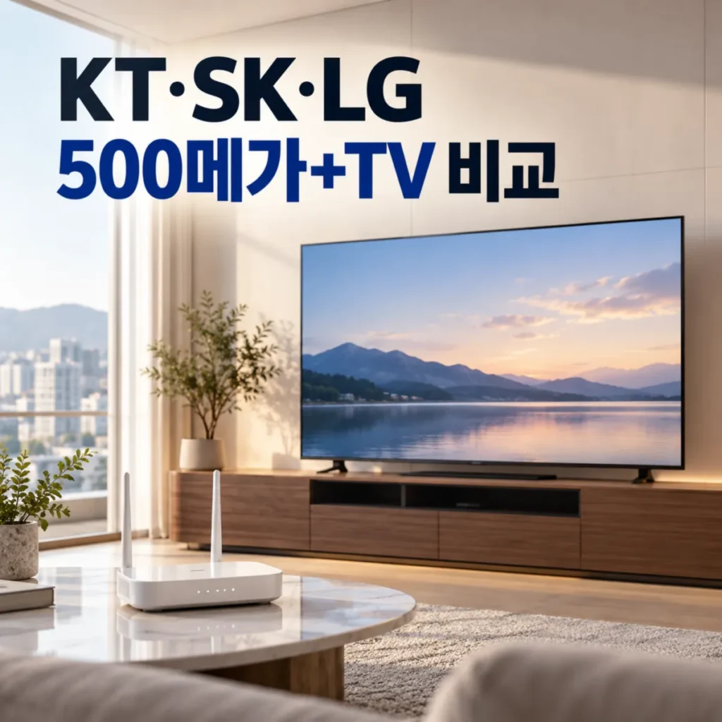 KT·SK·LG 500메가 인터넷+TV 요금 및 사은품 비교를 주제로, 현대적인 가정 거실의 TV와 와이파이 공유기 위에 ‘KT·SK·LG 500메가+TV 비교’ 문구가 표시된 이미지