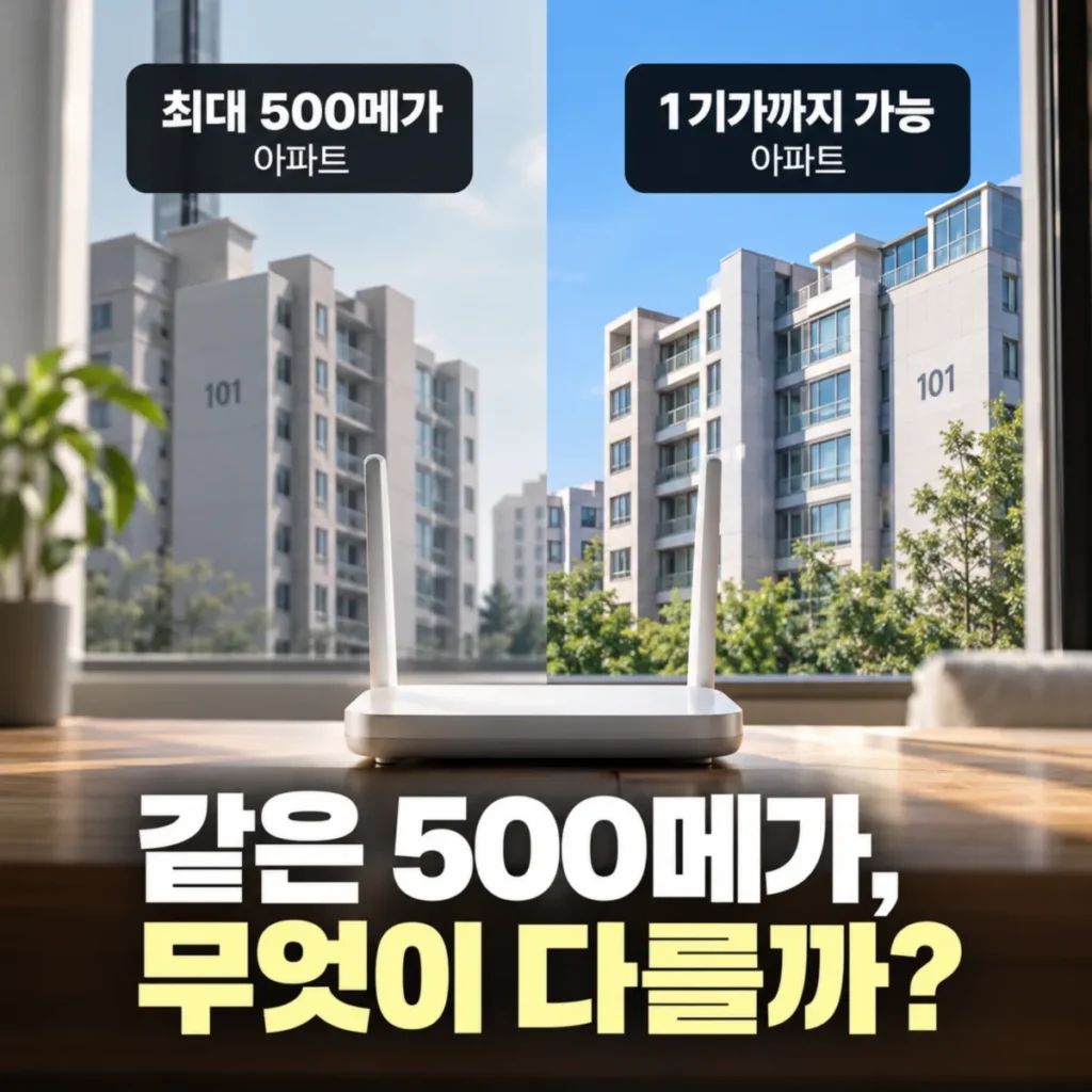 최대 500메가 인터넷만 설치 가능한 아파트와 1기가까지 지원하는 아파트를 좌우로 비교하고, 중앙의 와이파이 공유기와 함께 동일한 500메가 인터넷의 속도 및 품질 차이를 보여주는 이미지