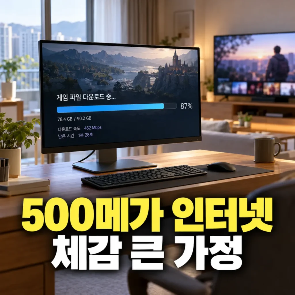 500메가 인터넷이 필요한 가정의 실제 사용 환경으로, PC 모니터에서 대용량 게임 파일을 462Mbps 속도로 다운로드하고 거실 TV에서는 스트리밍 영상을 시청하는 모습