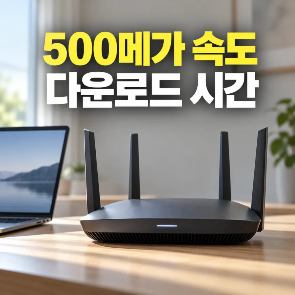 500메가 인터넷 속도와 다운로드 시간을 비교하는 이미지로, 노트북 옆에 설치된 와이파이 공유기와 ‘500메가 속도 다운로드 시간’이라는 문구가 표시된 모습