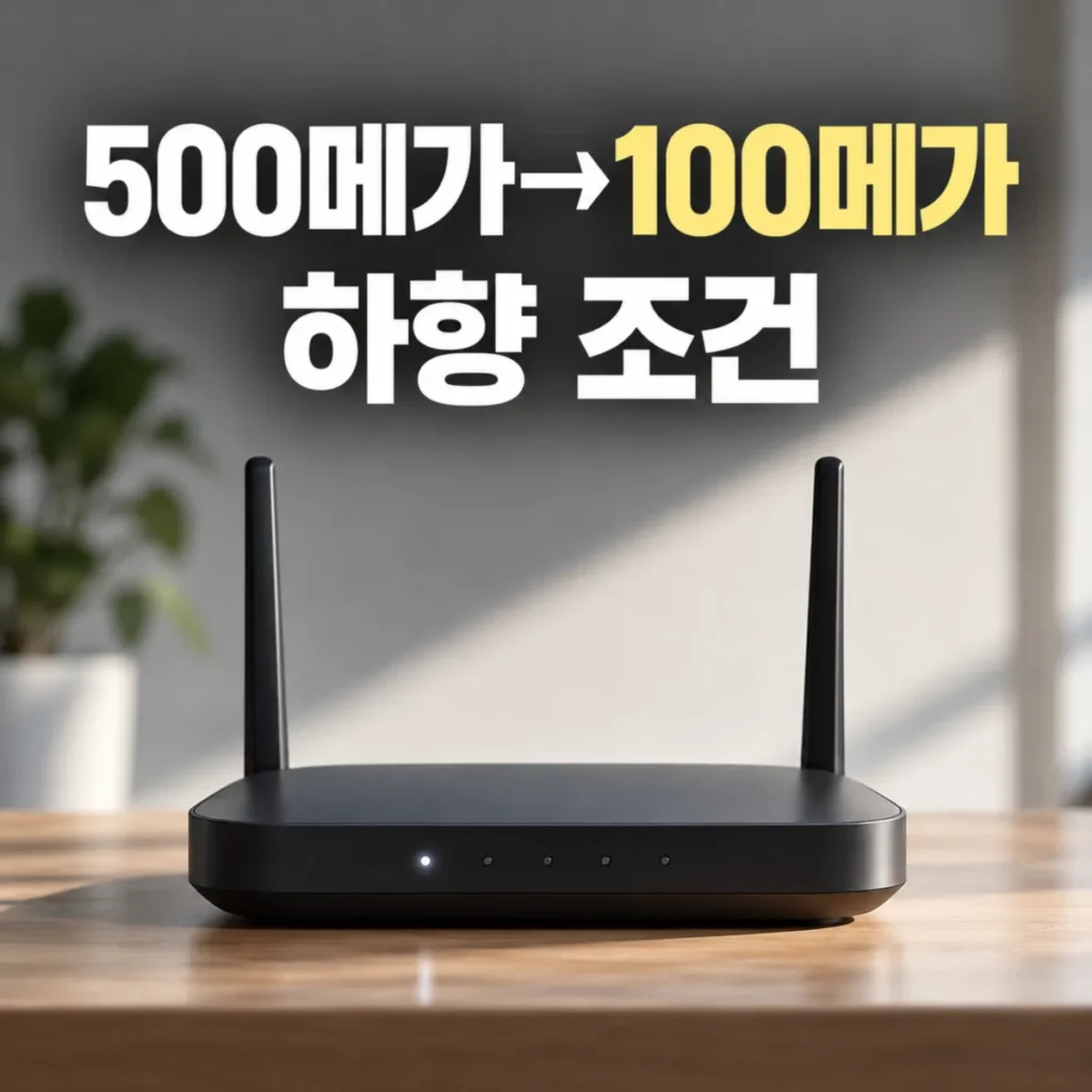 500메가 100메가 하향 조건을 안내하는 이미지로, 원목 책상 위 검은색 와이파이 공유기와 인터넷 속도 변경을 나타내는 문구가 표시된 모습