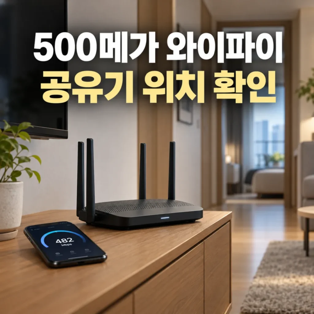 한국 아파트 거실 원목 선반 위에 설치된 와이파이 공유기와 482Mbps 속도 측정 화면이 표시된 스마트폰, 500메가 와이파이 공유기 위치 확인 안내 이미지