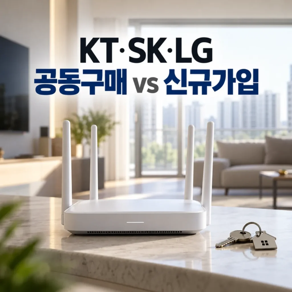 신축 아파트 거실에 설치된 와이파이 공유기와 입주 열쇠, KT·SK·LG 인터넷 공동구매와 개별 신규가입의 사은품 및 3년 비용 비교 안내