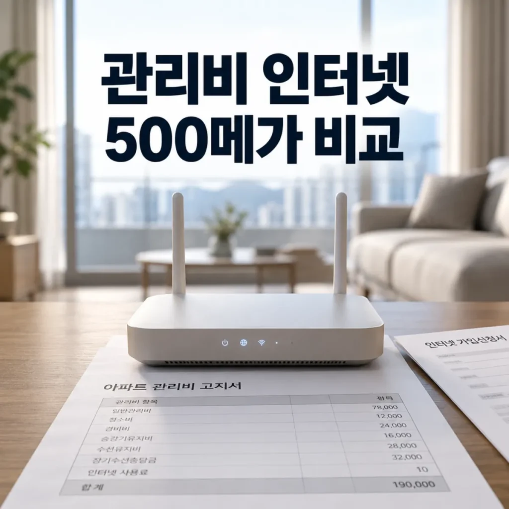 아파트 거실 테이블 위 관리비 고지서와 인터넷 가입신청서, 와이파이 공유기가 놓여 있으며 관리비 포함 인터넷과 개인 명의 500메가 신규가입 요금을 비교하는 이미지