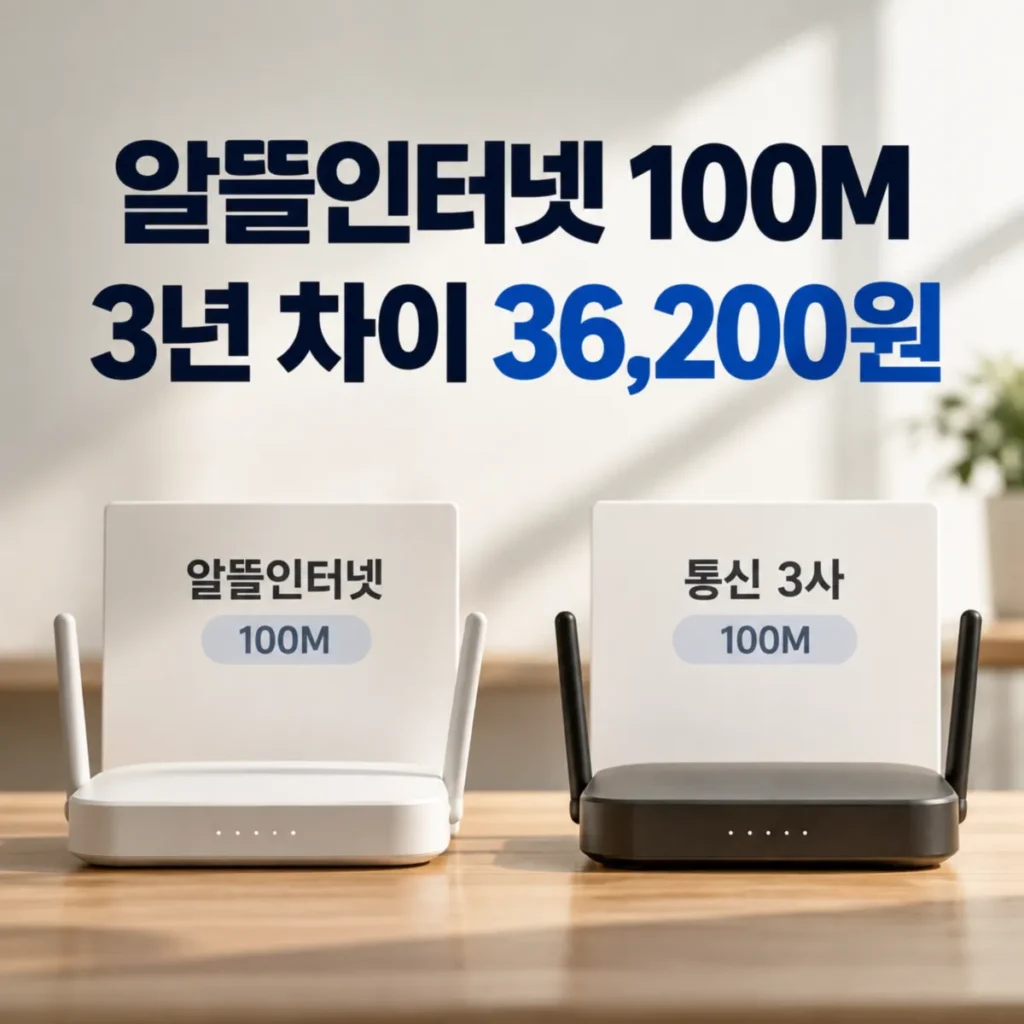 알뜰인터넷 100M와 통신 3사 100M 공유기를 비교하며 3년 총비용 차이 36,200원을 보여주는 이미지