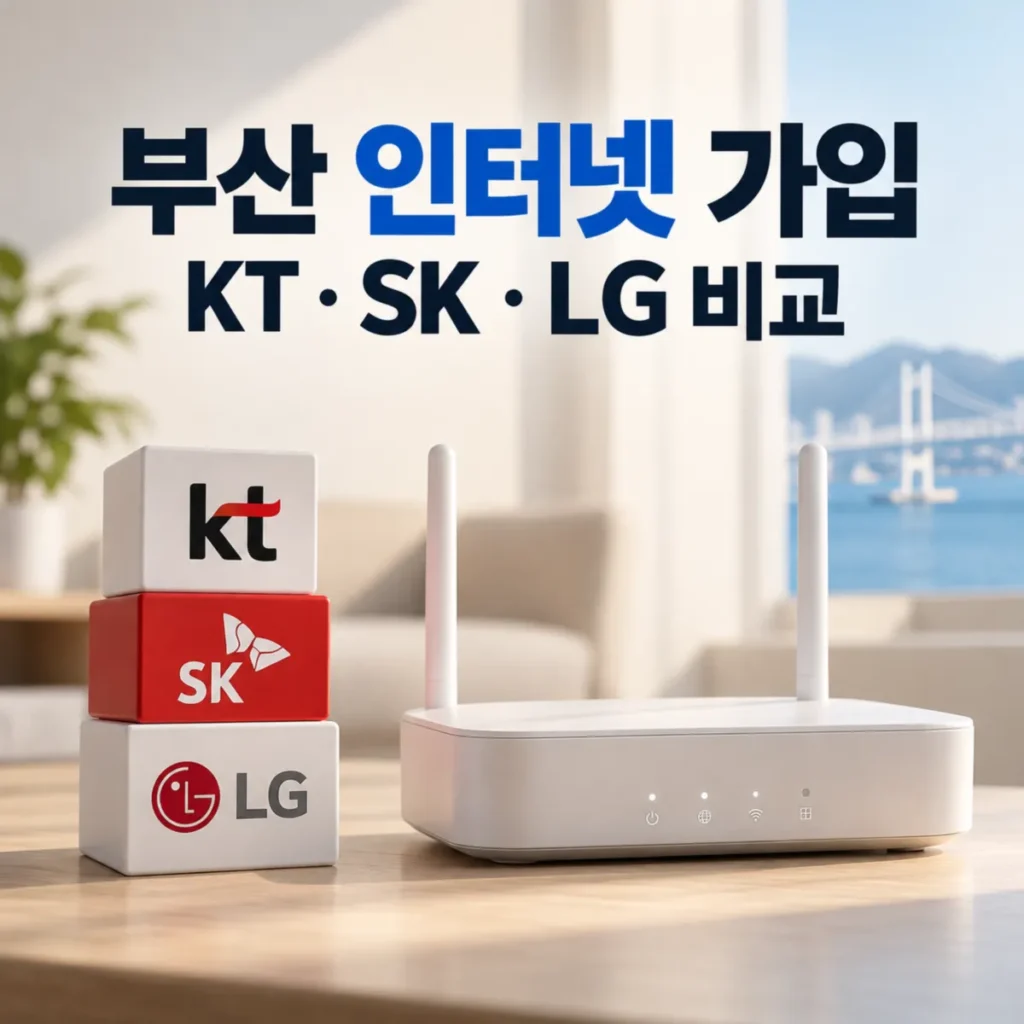 부산 인터넷 가입 사은품 KT·SK·LG 요금 및 현금 혜택 비교를 상징하는 와이파이 공유기와 통신 3사 로고, 배경으로 보이는 부산 광안대교