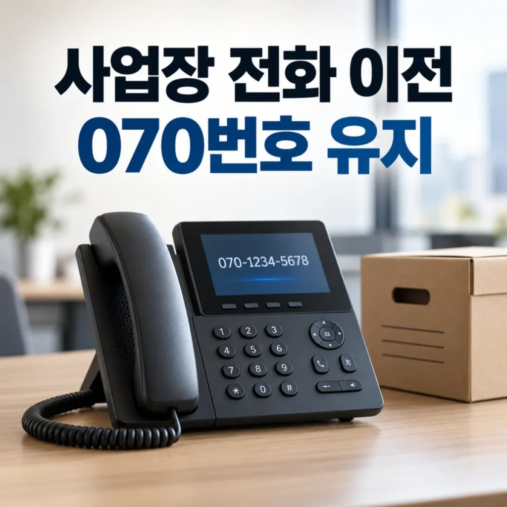 사업장 인터넷전화 이전 시 070번호 유지를 안내하는 이미지로, 사무실 책상 위 검은색 인터넷전화기 화면에 070번호가 표시되어 있고 옆에는 이전용 포장 상자가 놓여 있는 모습