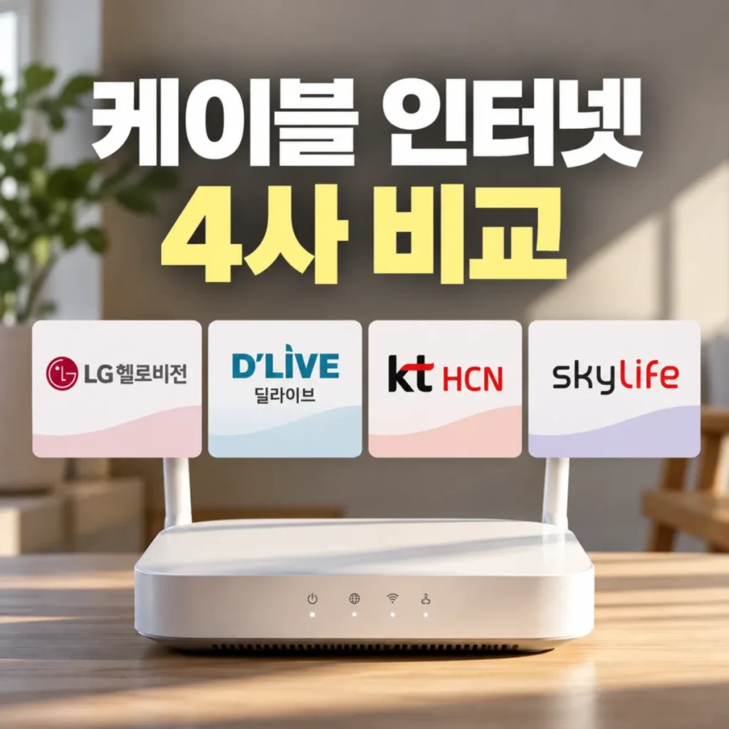 케이블 인터넷 비교를 위한 LG헬로비전·딜라이브·KT HCN·KT스카이라이프 4사와 와이파이 공유기 이미지