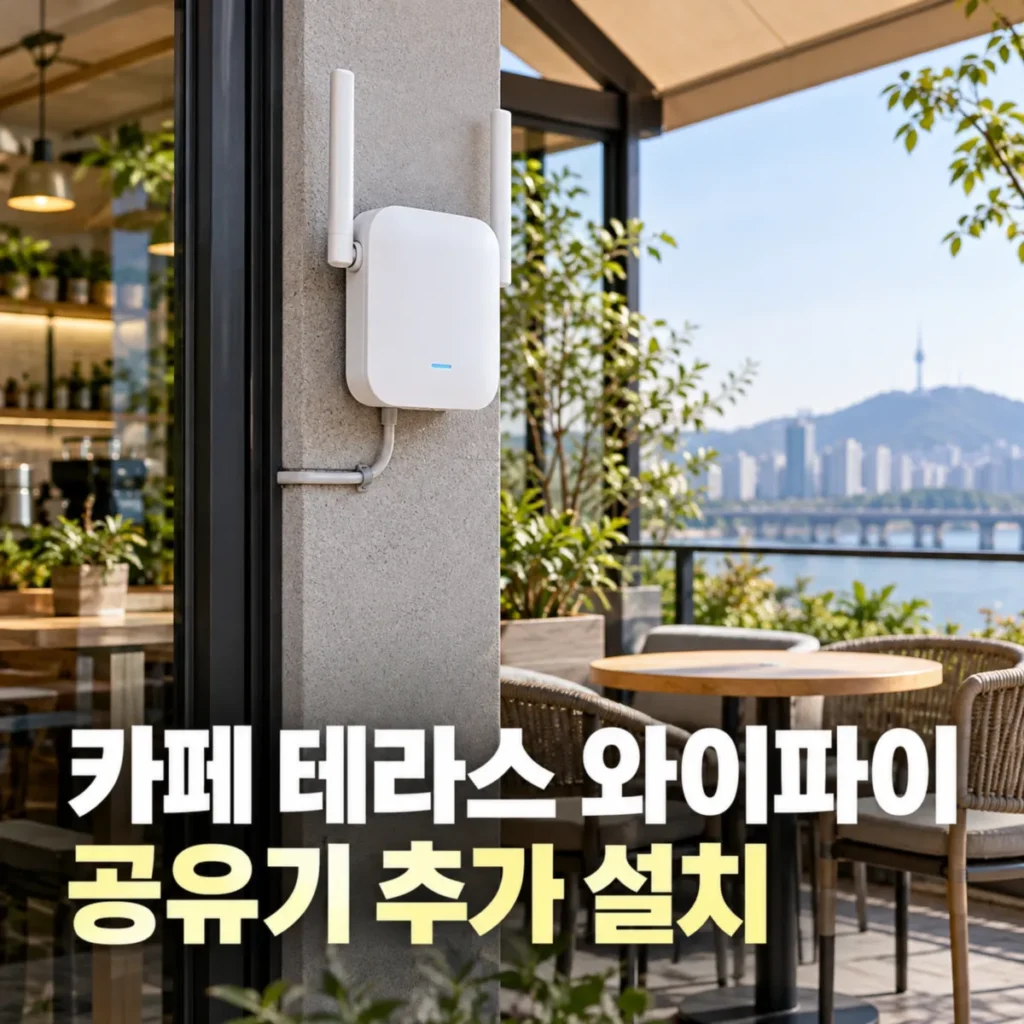 카페 야외 테라스 외벽에 랜선으로 연결된 실외용 와이파이 공유기가 설치된 모습으로, 기존 매장 인터넷을 활용한 테라스 와이파이 확장 및 공유기 추가 설치 환경