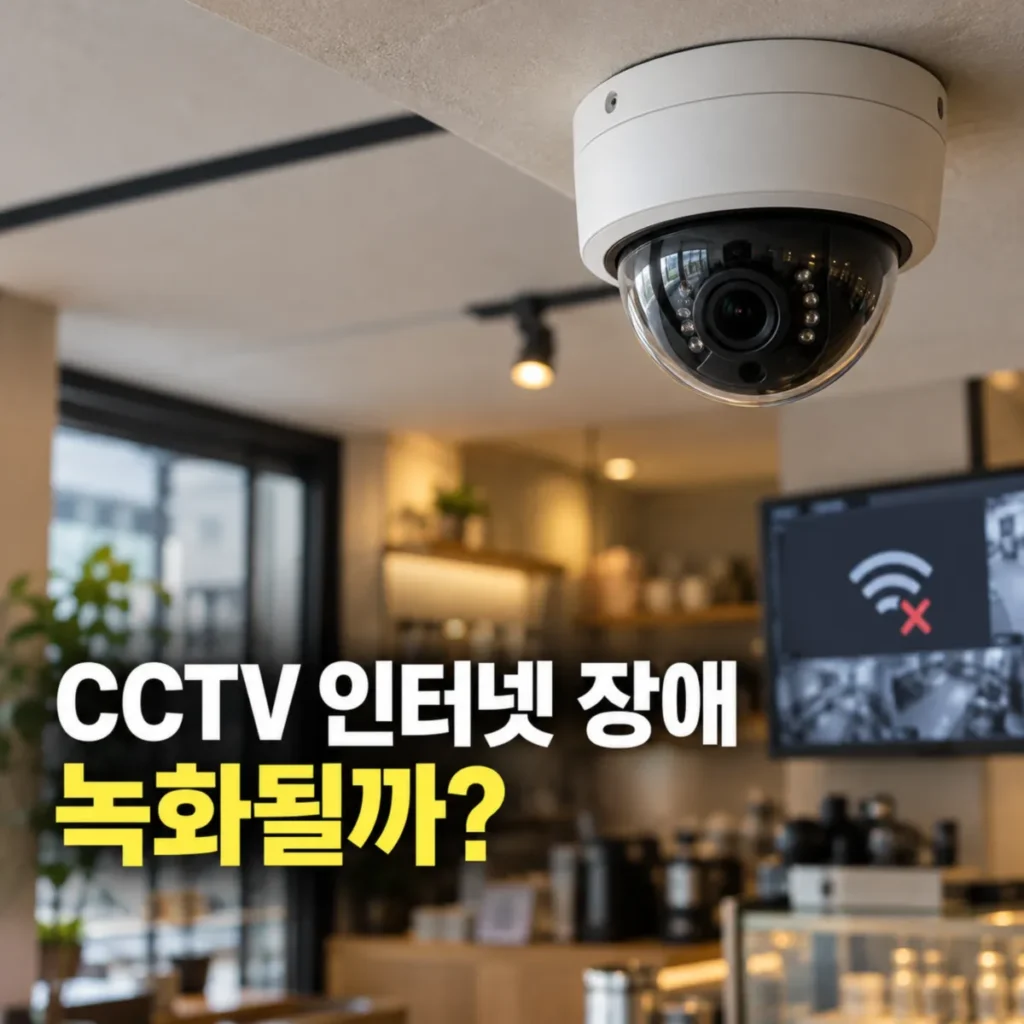 한국의 카페 매장 천장에 설치된 CCTV 카메라와 인터넷 연결 장애 표시가 나타난 보안 모니터, 인터넷이 끊겼을 때 CCTV 녹화 가능 여부를 설명하는 이미지