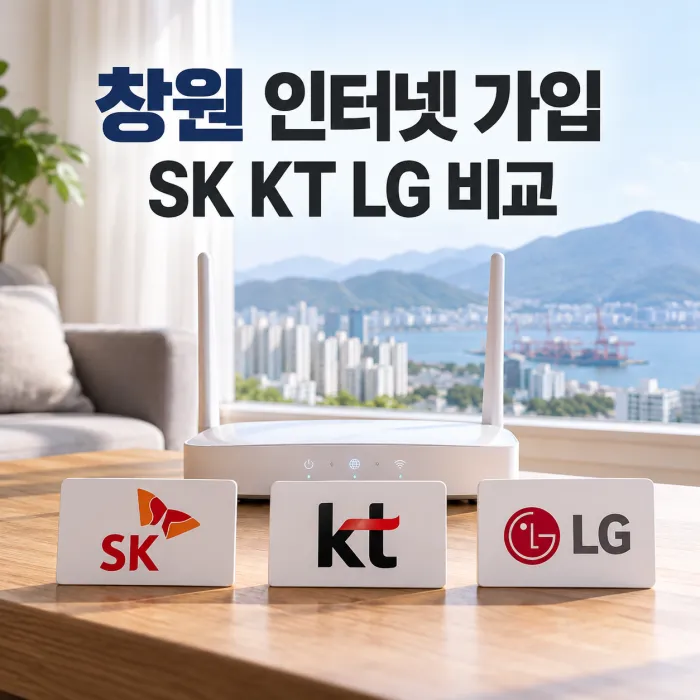 창원 인터넷 가입 SK KT LG 통신사 비교를 표현한 와이파이 공유기와 창원 도심 전경 이미지