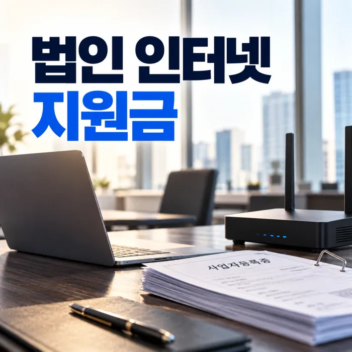 법인 인터넷 지원금 신규가입 조건을 확인하는 사무실 노트북과 인터넷 공유기, 사업자등록증 이미지