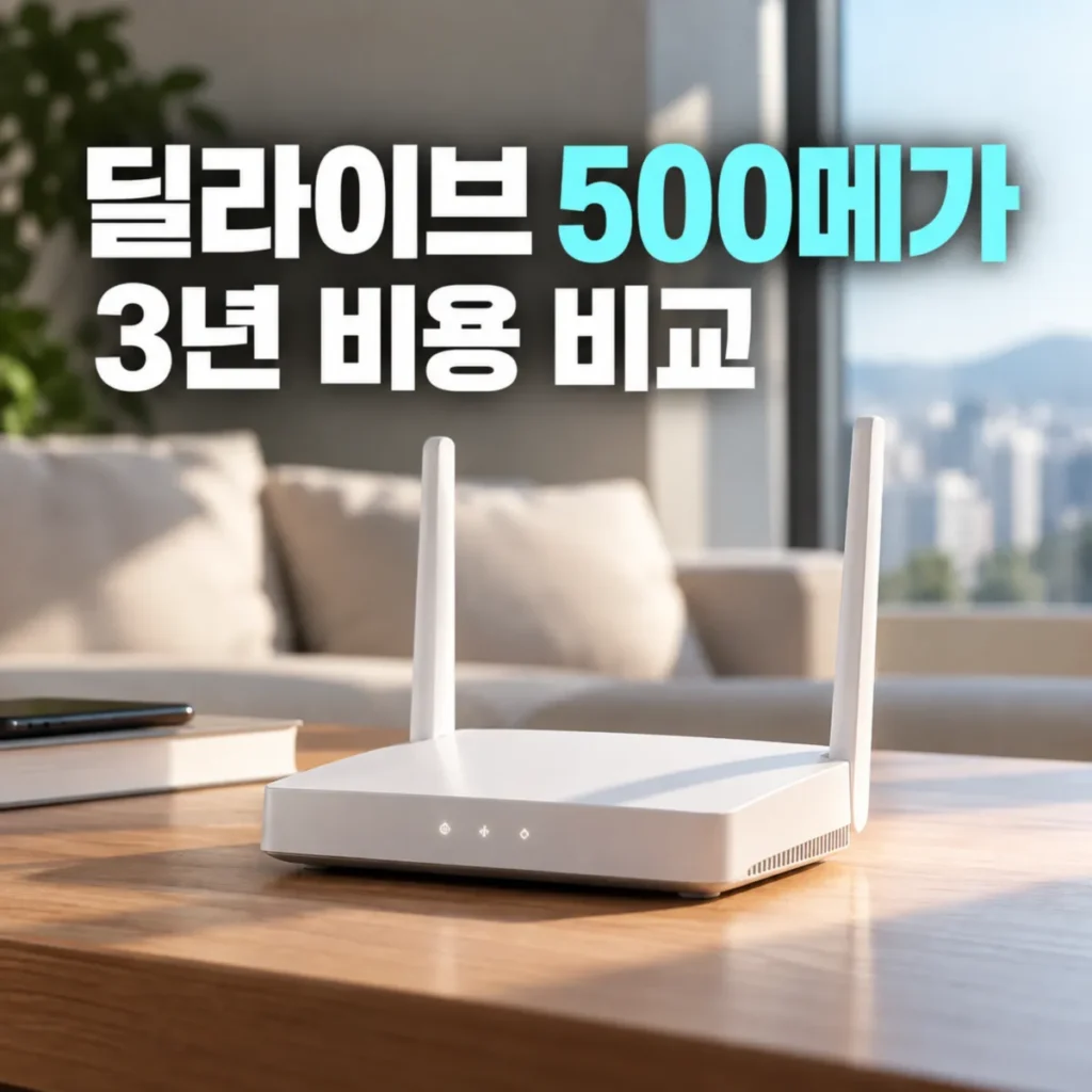 딜라이브 500메가 인터넷 공유기와 KT SK LG 대비 3년 비용 비교를 표현한 이미지