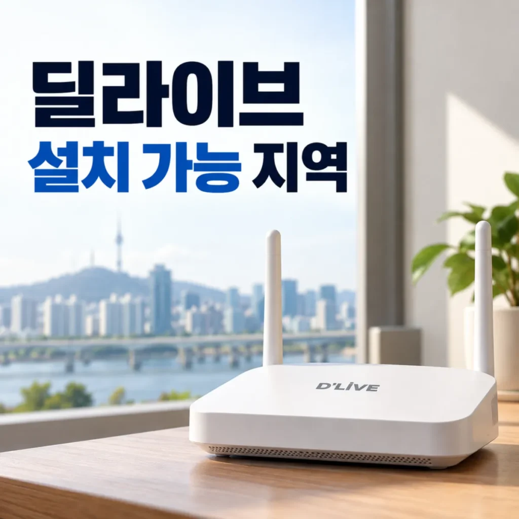 딜라이브 설치 가능 지역을 안내하는 서울 도심 배경의 딜라이브 인터넷 공유기 이미지
