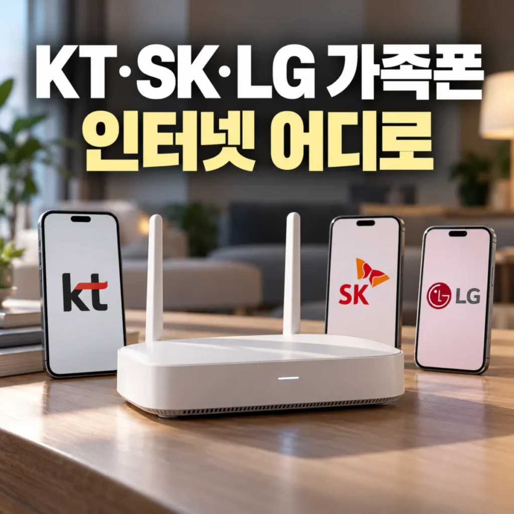 KT·SK·LG 통신사 로고가 표시된 스마트폰 3대와 와이파이 공유기를 배치해 가족 휴대폰 통신사가 서로 다를 때 인터넷 가입 선택과 결합할인을 비교하는 모습