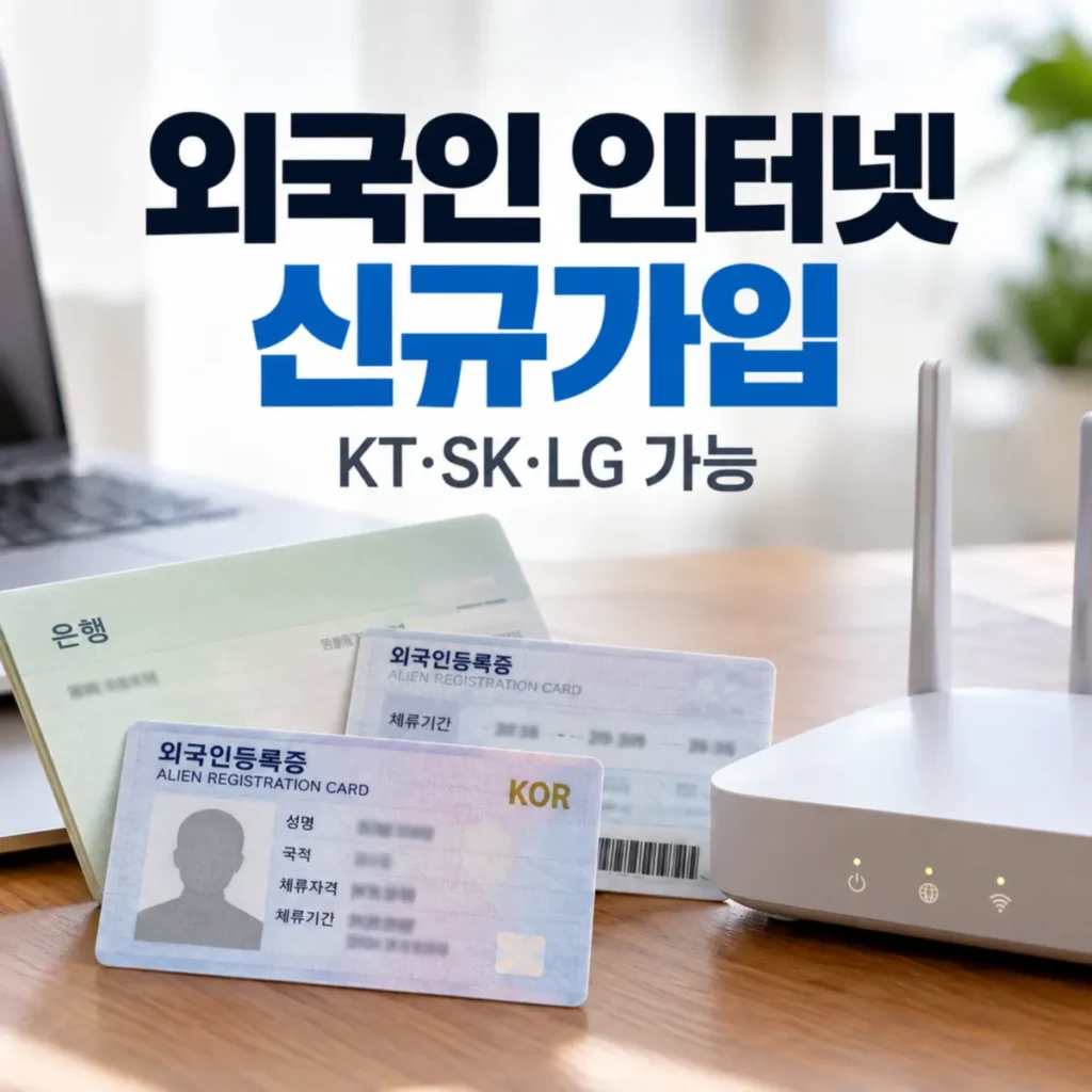 외국인 KT SK LG 인터넷 신규가입에 필요한 외국인등록증 앞뒷면과 통장 사본, 와이파이 공유기가 놓인 모습