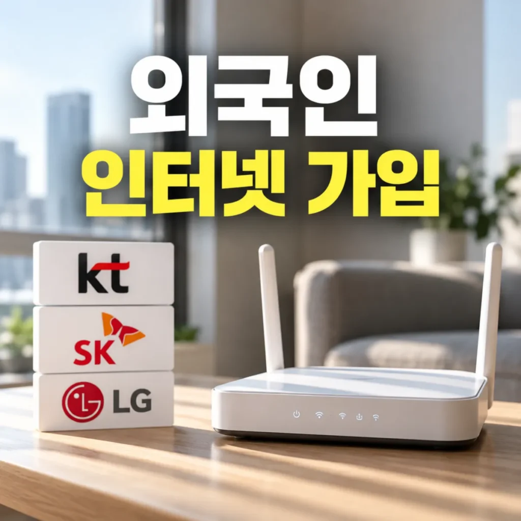 외국인 인터넷 신규가입 안내 이미지로, KT·SK·LG 통신사 로고와 흰색 와이파이 공유기가 놓인 실내 공간에 외국인 인터넷 가입 문구가 표시된 모습