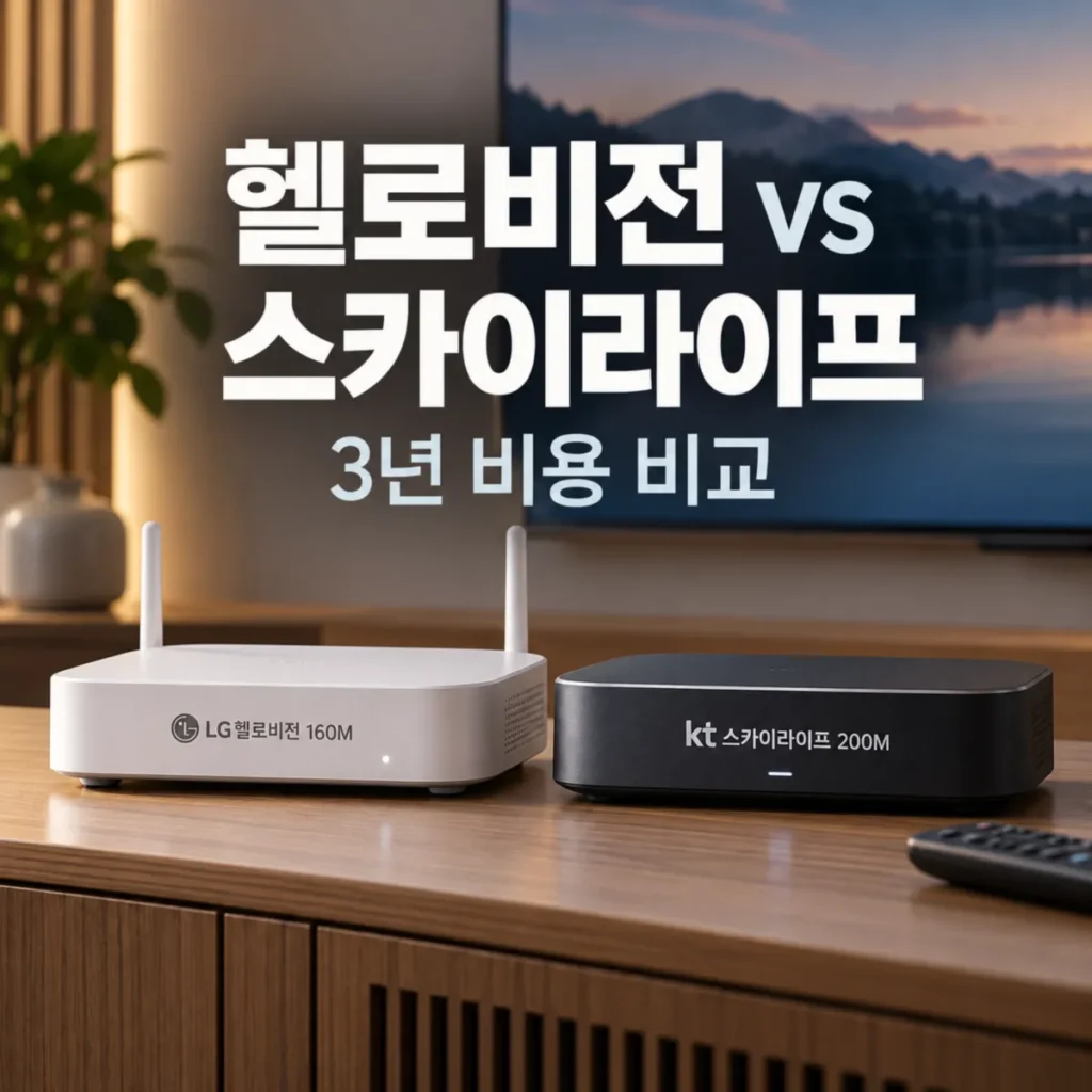 LG헬로비전 160메가와 KT스카이라이프 200메가 인터넷 TV의 3년 비용 비교를 주제로, 거실 TV 앞에 두 통신사의 공유기와 셋톱박스를 나란히 배치한 이미지