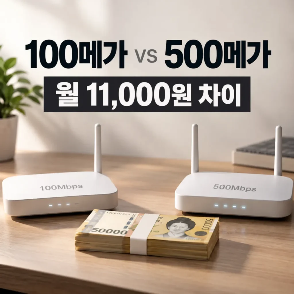 인터넷 100메가 500메가 요금 차이를 비교한 이미지로, 두 대의 와이파이 공유기와 5만원권 지폐를 배치해 월 11,000원 요금 차이를 표현한 모습