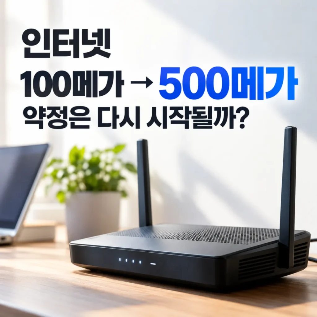 인터넷 100메가에서 500메가로 속도 변경 시 약정 재시작 여부를 안내하는 이미지로, 원목 책상 위 검은색 와이파이 공유기와 인터넷 속도 업그레이드 문구가 표시된 모습