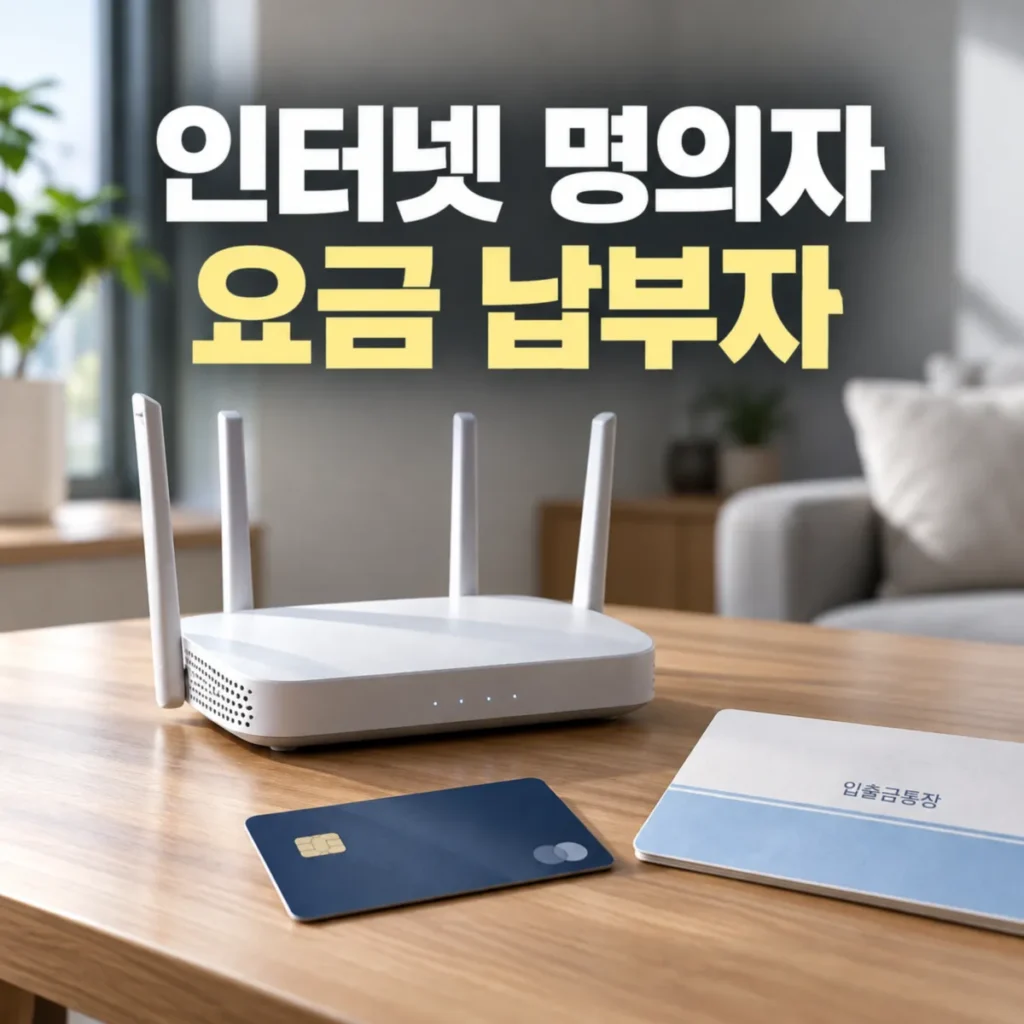 인터넷 가입 명의자와 요금 납부자가 다른 경우를 설명하는 이미지로, 와이파이 공유기와 신용카드, 은행 통장이 놓여 있으며 부모님 카드와 배우자 계좌를 이용한 인터넷 요금 납부 조건을 안내하는 모습