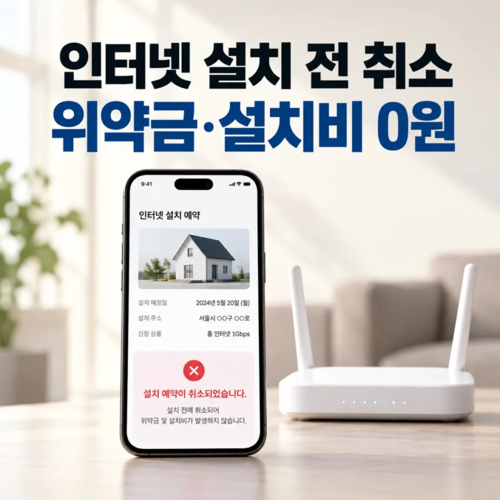 인터넷 신규가입 설치 전 취소 시 위약금과 설치비가 0원임을 안내하는 이미지로, 설치 예약 취소 완료 화면이 표시된 스마트폰과 가정용 와이파이 공유기