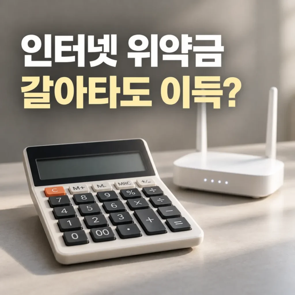 인터넷 위약금 10만원·20만원·30만원을 신규가입 사은품으로 상쇄할 수 있는지 비교하는 계산기와 와이파이 공유기