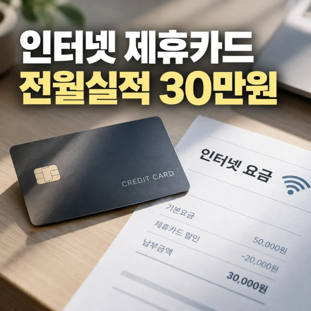 인터넷 제휴카드 전월실적 30만원 할인 조건을 설명하는 신용카드와 인터넷 요금 청구서, 월 2만원 할인 적용 전후 요금 비교