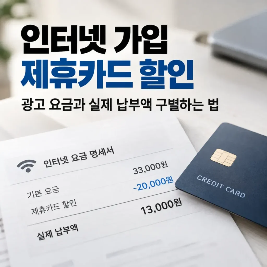 인터넷 가입 제휴카드 할인 광고의 월요금과 실제 납부액 차이를 보여주는 인터넷 요금 명세서와 신용카드, 기본요금 33,000원에서 카드 할인 20,000원을 적용한 월 13,000원 비교