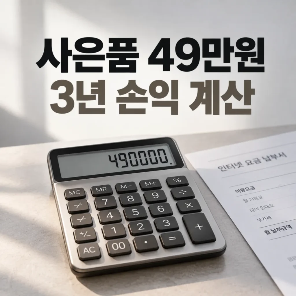 인터넷 가입 현금 사은품 49만원과 3년 총비용 손익분기점 계산을 나타낸 계산기 및 인터넷 요금 납부서