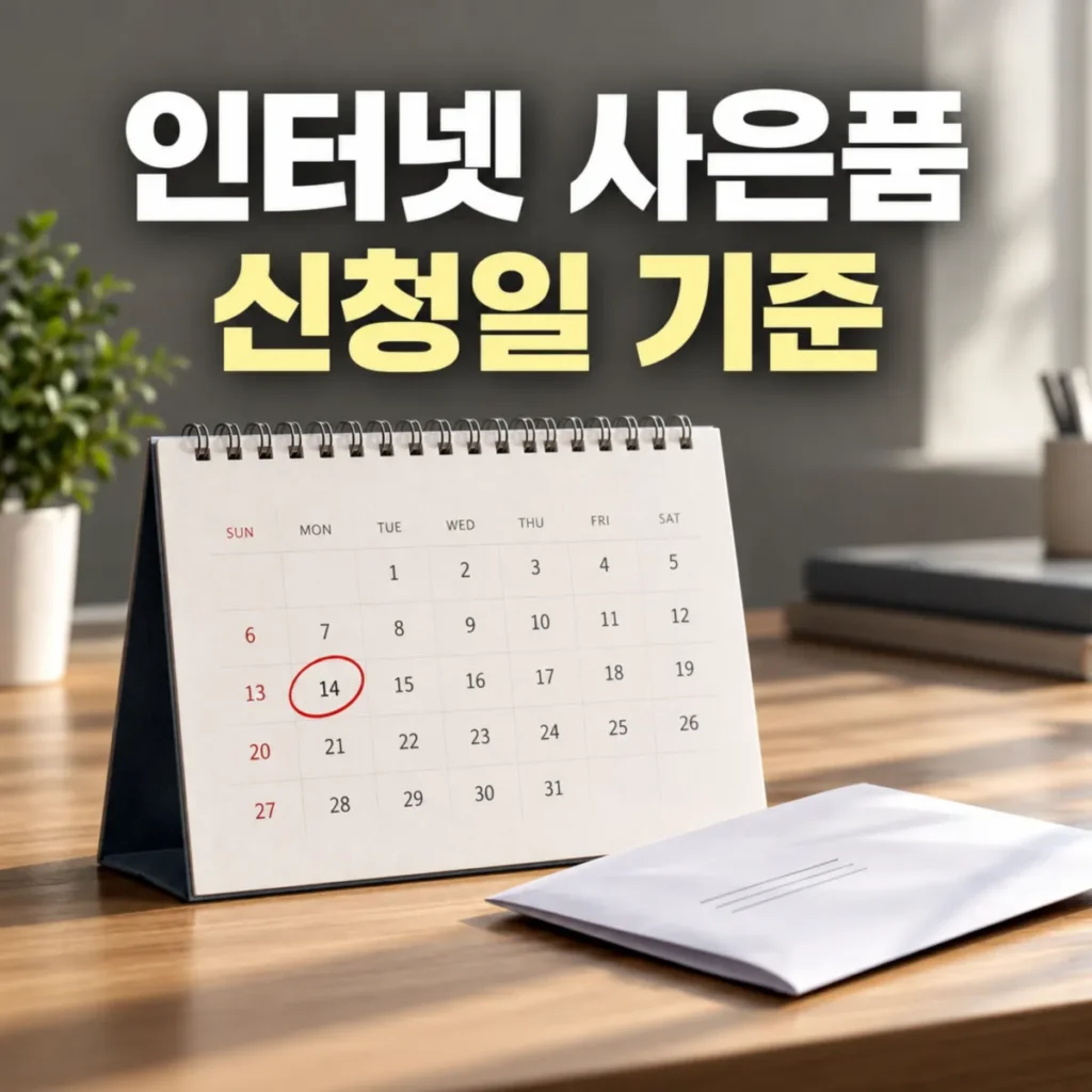 인터넷 신규가입 현금 사은품 신청일 기준 확정 안내 이미지, 달력의 특정 날짜가 빨간색으로 표시되어 있고 옆에 가입 서류 봉투가 놓인 모습